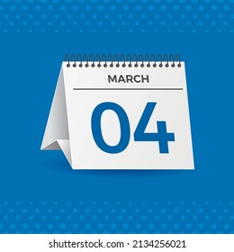 White calendar on blue background. March 4th. Vector. 3D illustration.