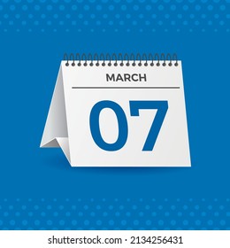 White calendar on blue background. March 7th. Vector. 3D illustration.