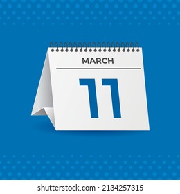 Weißer Kalender auf blauem Hintergrund. 11. März. Vektorgrafik. 3D-Abbildung.