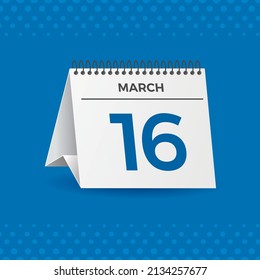 Weißer Kalender auf blauem Hintergrund. 16. März. Vektorgrafik. 3D-Abbildung.