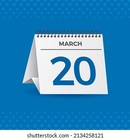 White calendar on blue background. March 20th. Vector. 3D illustration.