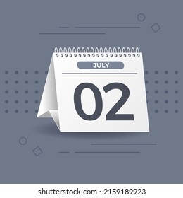 Calendario blanco sobre fondo gris. 2 de julio. Vector. Ilustración 3D.