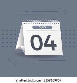 Calendario blanco sobre fondo gris. 4 de julio. Vector. Ilustración 3D.