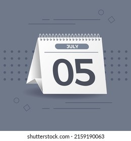 Calendario blanco sobre fondo gris. 5 de julio. Vector. Ilustración 3D.