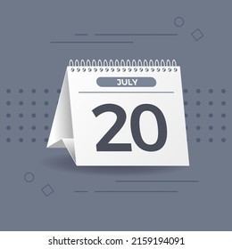Calendario blanco sobre fondo gris. 20 de julio. Vector. Ilustración 3D.