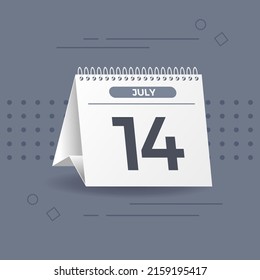 Calendario blanco sobre fondo gris. 14 de julio. Vector. Ilustración 3D.