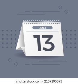 White calendar on grey background. 13th of July. Vector. 3D illustration.