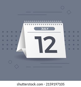 Calendario blanco sobre fondo gris. 12 de julio. Vector. Ilustración 3D.