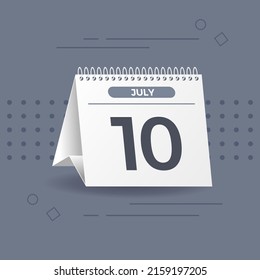 White calendar on grey background. 10th of July. Vector. 3D illustration.
