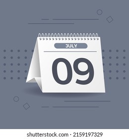 White calendar on grey background. 9th of July. Vector. 3D illustration.