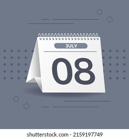 Calendario blanco sobre fondo gris. 8 de julio. Vector. Ilustración 3D.