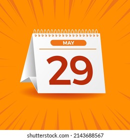 White calendar on orange background. May 29th. Vector. 3D illustration.