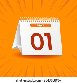 White calendar on orange background. May 1th. Vector. 3D illustration.