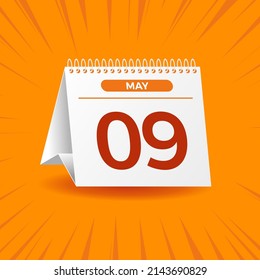 White calendar on orange background. May 9th. Vector. 3D illustration.