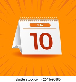 White calendar on orange background. May 10th. Vector. 3D illustration.