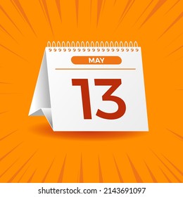 White calendar on orange background. May 13th. Vector. 3D illustration.