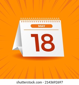 White calendar on orange background. May 18th. Vector. 3D illustration.