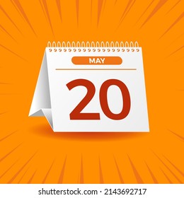 White calendar on orange background. May 20th. Vector. 3D illustration.