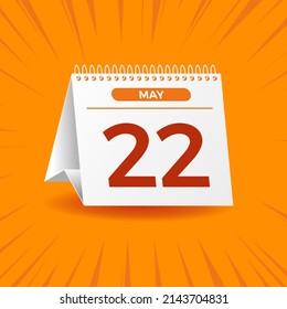 Calendario blanco sobre fondo naranja. 22 de mayo. Vector. Ilustración 3D.