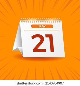 White calendar on orange background. May 21th. Vector. 3D illustration.