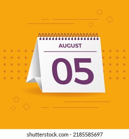 White calendar on yellow background. August 5th. Vector. 3D illustration.