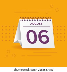 White calendar on yellow background. August 6th. Vector. 3D illustration.