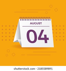 Weißer Kalender auf gelbem Hintergrund. 4. August. Vektorgrafik. 3D-Abbildung.