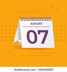 White calendar on yellow background. August 7th. Vector. 3D illustration.