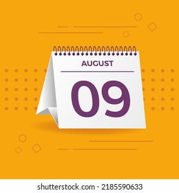 White calendar on yellow background. August 9th. Vector. 3D illustration.