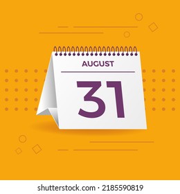 White calendar on yellow background. August 31th. Vector. 3D illustration.