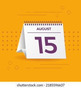 White calendar on yellow background. August 15th. Vector. 3D illustration.
