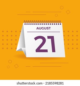 White calendar on yellow background. August 21th. Vector. 3D illustration.