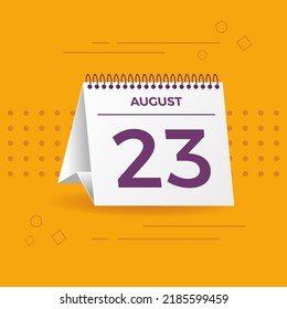 White calendar on yellow background. August 23th. Vector. 3D illustration.