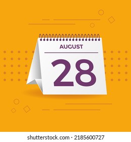 White calendar on yellow background. August 28th. Vector. 3D illustration.