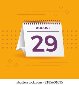 White calendar on yellow background. August 29th. Vector. 3D illustration.