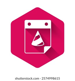 White Calendar party icon isolated with long shadow background. Event reminder symbol. Pink hexagon button. Vector