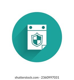White Calendar with shield icon isolated with long shadow. Insurance concept. Guard sign. Security, safety, protection, privacy concept. Green circle button. Vector