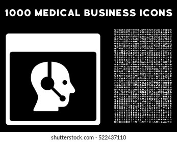 White Call Center Operator Calendar Page vector icon with 1000 medical business pictograms. Set style is flat symbols, white color, black background.