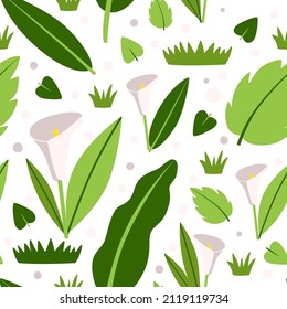 White calla lilies in beautiful abstract vector pattern. Bog arum flowers and leaves illustration