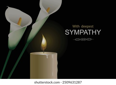 White calla lilies flowers (arum lilies) mourning bouquet, a burning candle in the dark background. Vector conceptual illustration with the inscription With deepest sympathy, place for additional text