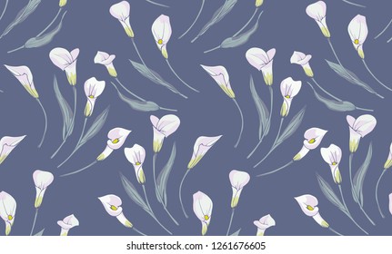 White Callas on a grey background. Seamless vector pattern.