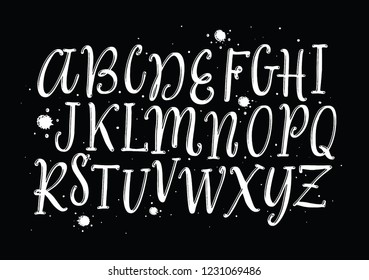 White calligraphic font on black background. Hand drawn alphabet. Lettering typeface for Logo, Poster, Invitation, etc. Vector logo letters. 