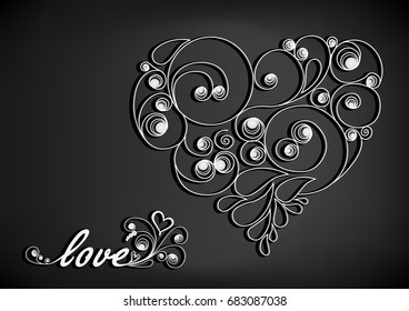 white calligraphic heart with shadow and love word on the black background horizontal