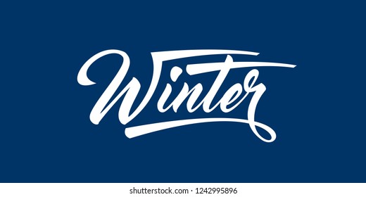 White calligraphic text Winter on blue background. 