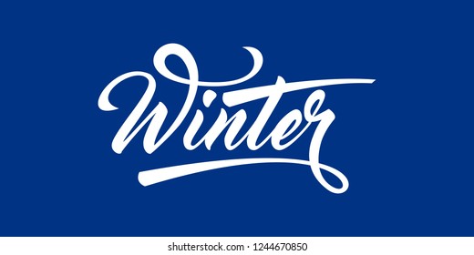 White Calligraphic Text Winter On Blue Background. 