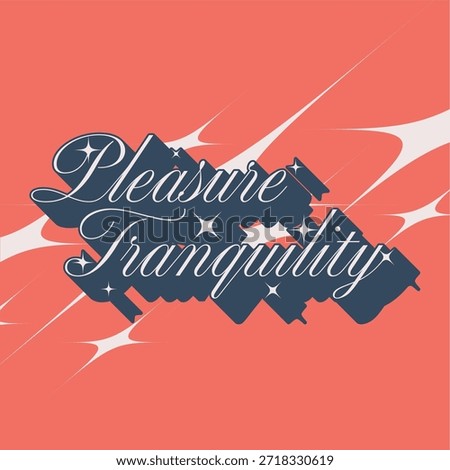 White Calligraphy of 'Pleasure Tranquility' in Blue Bold Line, Red Backdrop with Abstract Glitters
