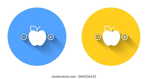 White Calorie calculator icon isolated on isolated with long shadow background. Calorie count. Diet. Weight loss. Portion control. Healthy eating. Dietary nutrition. Circle button. Vector