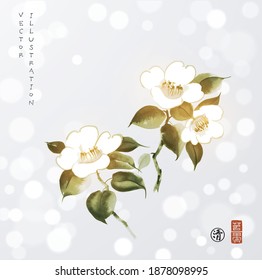 White camelia flowers on white glowing background. Traditional oriental ink painting sumi-e, u-sin, go-hua. Translation of hieroglyph - clarity.