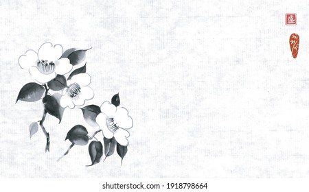 White camelia flowers on rice paper background with place for your text. Traditional oriental ink painting sumi-e, u-sin, go-hua. Translation of hieroglyph - blossom.