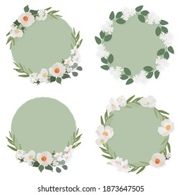 white camellia flower on green circle background wreath frame collection flat style
